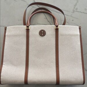 Tory Burch Cream and Brown Canvas Tote